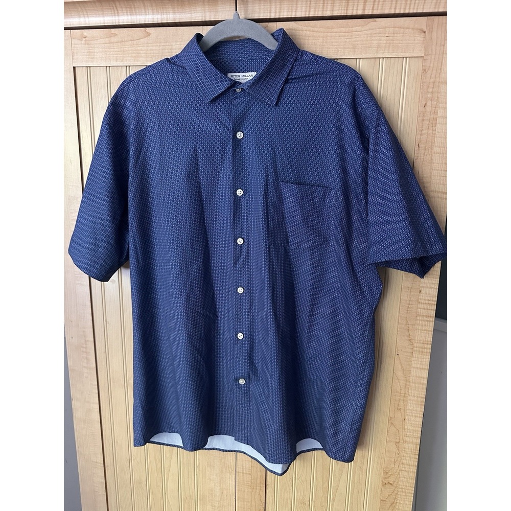 Peter Millar Men's SZ L Dark Blue Geo Print Short Sleeve Button Up Collar Shirt
